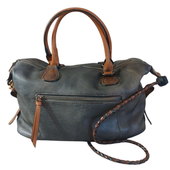 Isabelle Gray/Brown Leather Crossbody Satchel Hand Bag - Picture 1 of 11